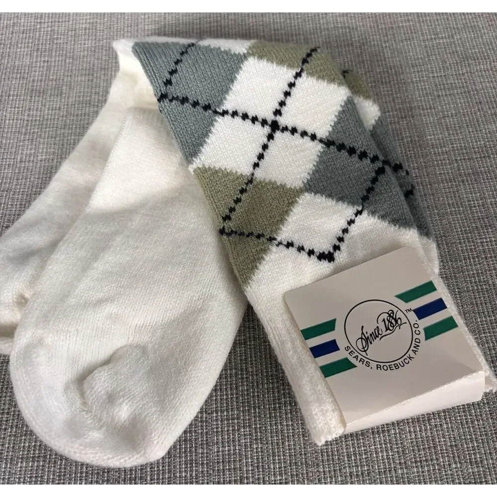 NOS Vintage Sears Socks Argyle Mens Size 10-13 Acrylic Nylon USA Blue White